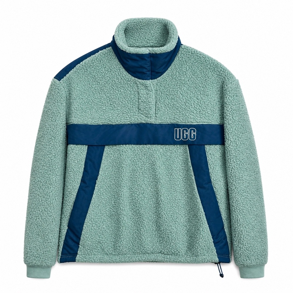 UGG Sherpa Fleece Pullover Women's M Teal Blue Logo Quarter Snap Cozy Sweater - Picture 2 of 8